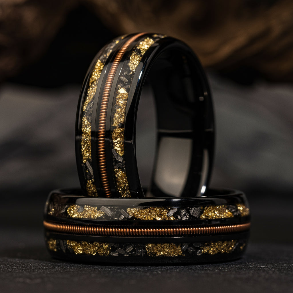 "Anubis" Yellow Tungsten Ring with Gold Leaf and Guitar String 8 mm