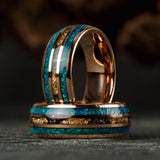 "Green Rock" Gold 18K Filled Tungsten Ring With Gold Leafs and Green Opal