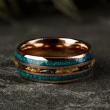 "Green Rock" Gold 18K Filled Tungsten Ring With Gold Leafs and Green Opal