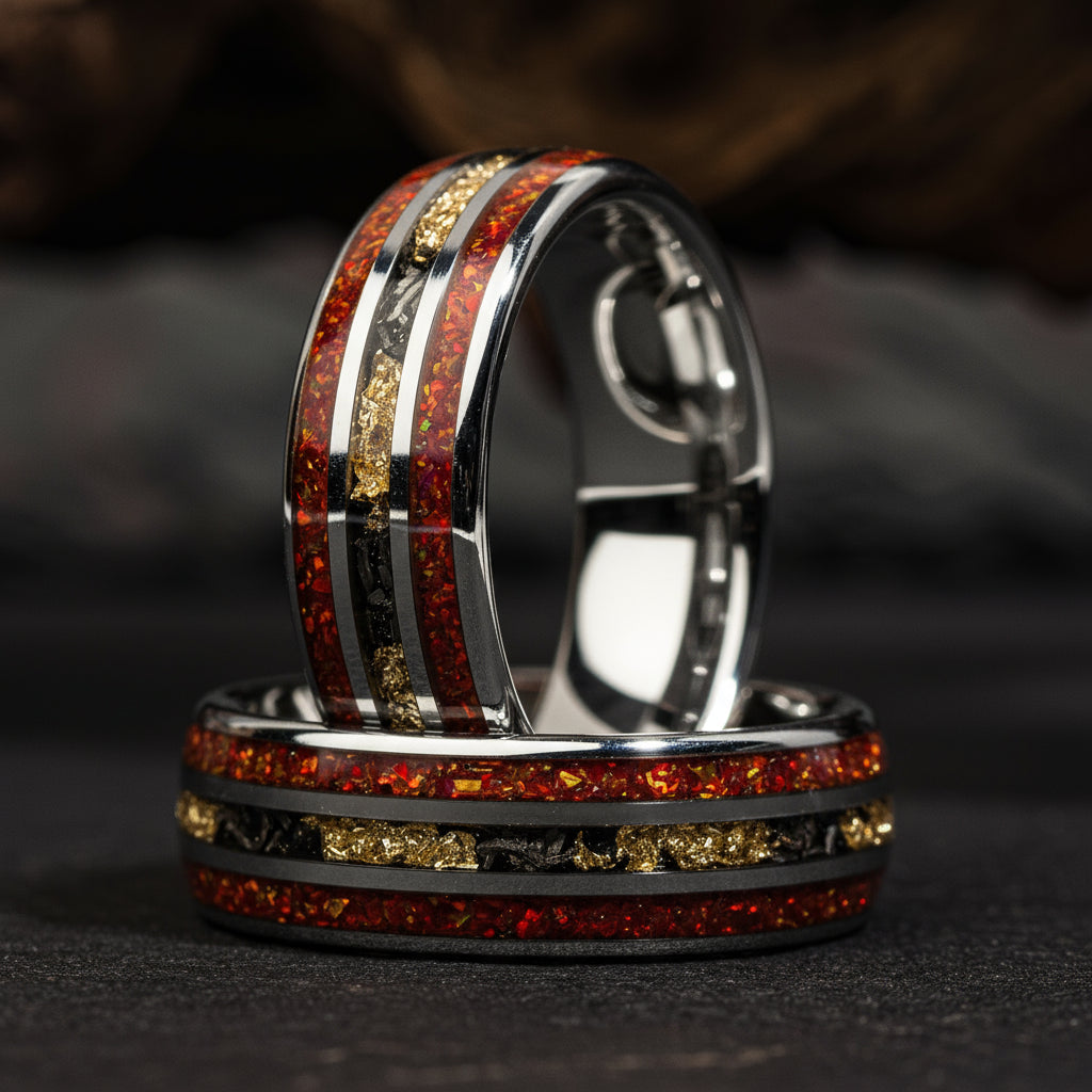 "Red King" Yellow Tungsten Ring With Red Opal and Gold Flakes with Meteorite 8 mm