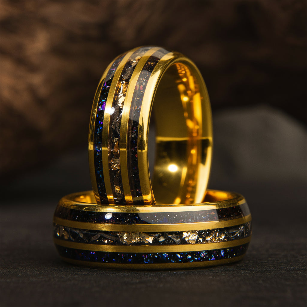 "Rose Leaf" Rose Tungsten Ring with Gold 18K Leaf and Blue Opal Inlay 8 mm