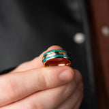 "Green Rock" Gold 18K Filled Tungsten Ring With Gold Leafs and Green Opal