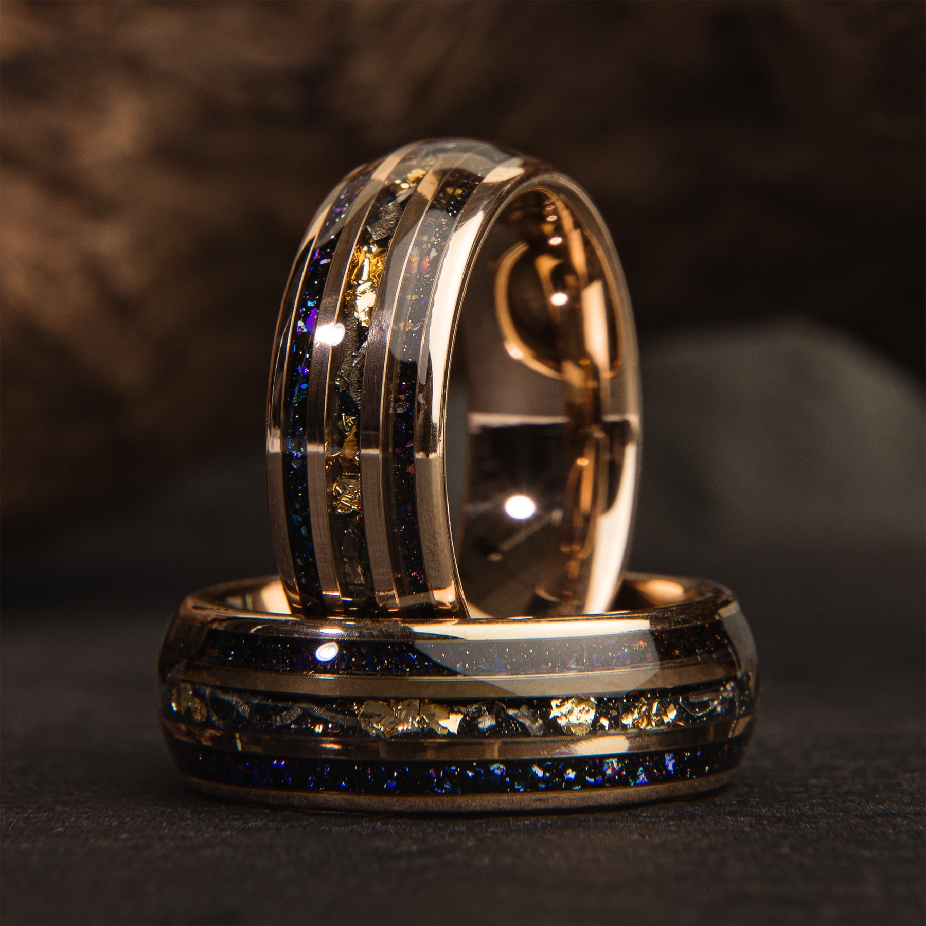 "Rose Leaf" Rose Tungsten Ring with Gold 18K Leaf and Blue Opal Inlay 8 mm