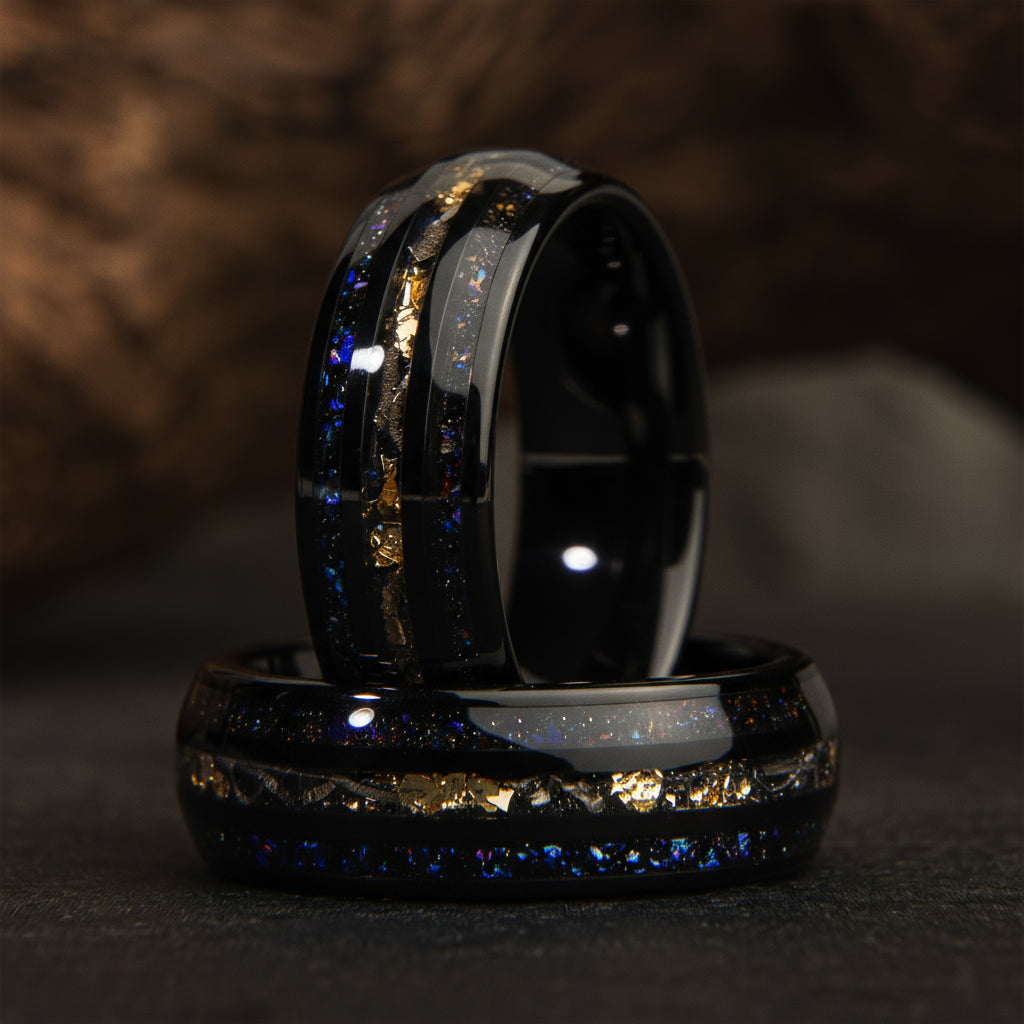"Rose Leaf" Rose Tungsten Ring with Gold 18K Leaf and Blue Opal Inlay 8 mm