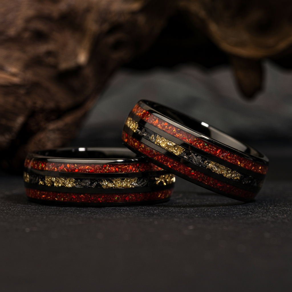 "Red King" Yellow Tungsten Ring With Red Opal and Gold Flakes with Meteorite 8 mm